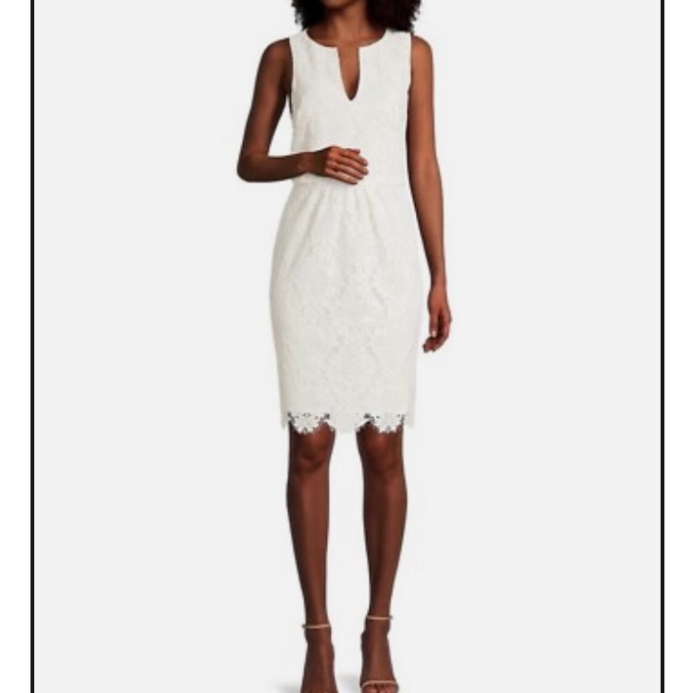 Trina Turk White Lace Overlay Lined Sleeveless V-neck Dress